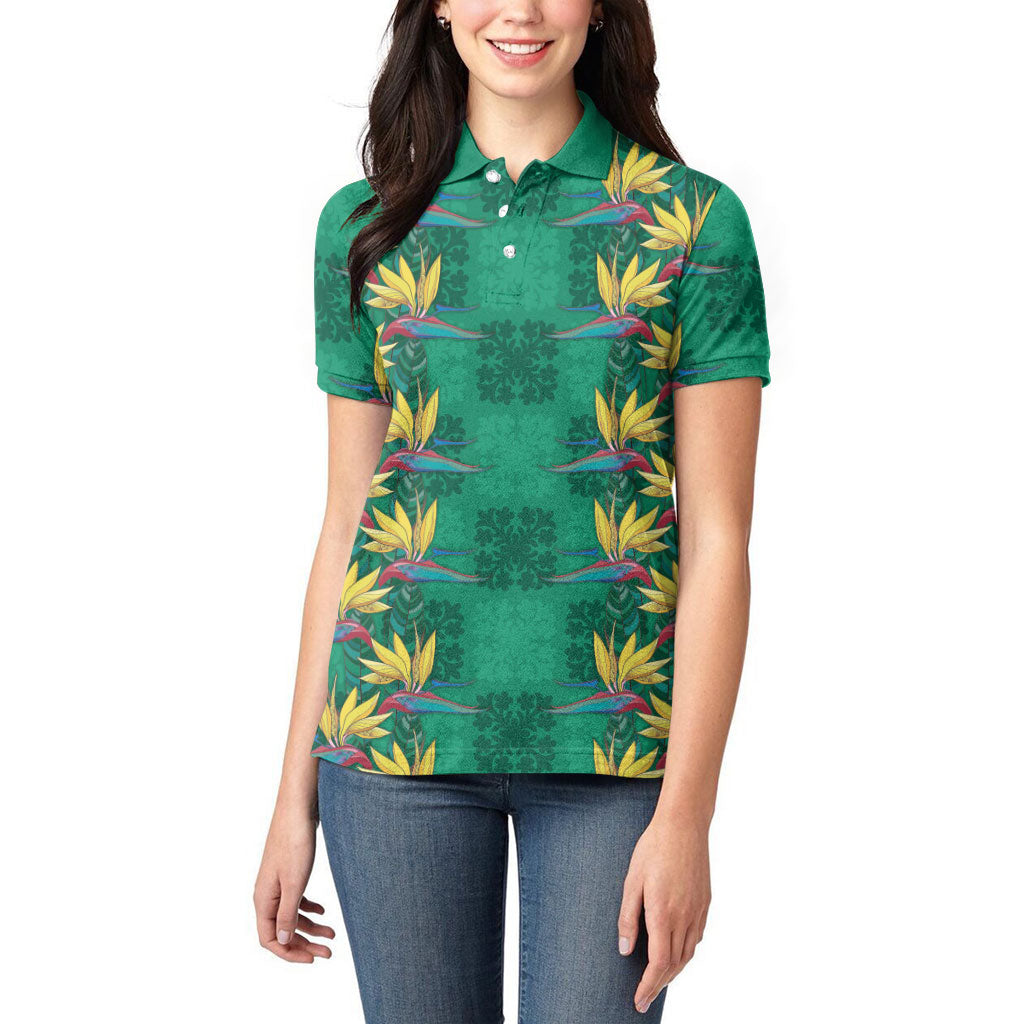 Hawaii Waikiki King Women Polo Shirt Green Quilt With Pua Manu LT05 - Polynesian Pride