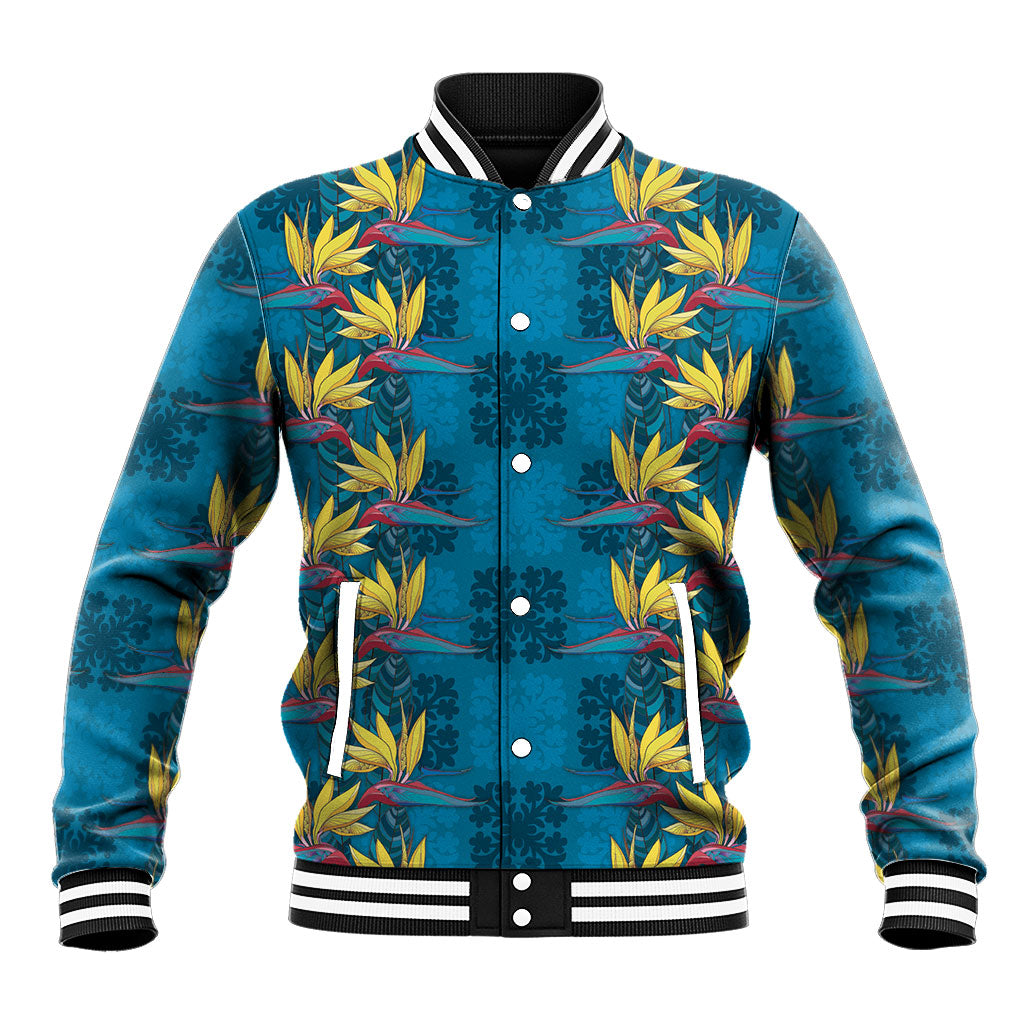 Hawaii Waikiki King Baseball Jacket Blue Quilt With Pua Manu LT05 Unisex Blue - Polynesian Pride