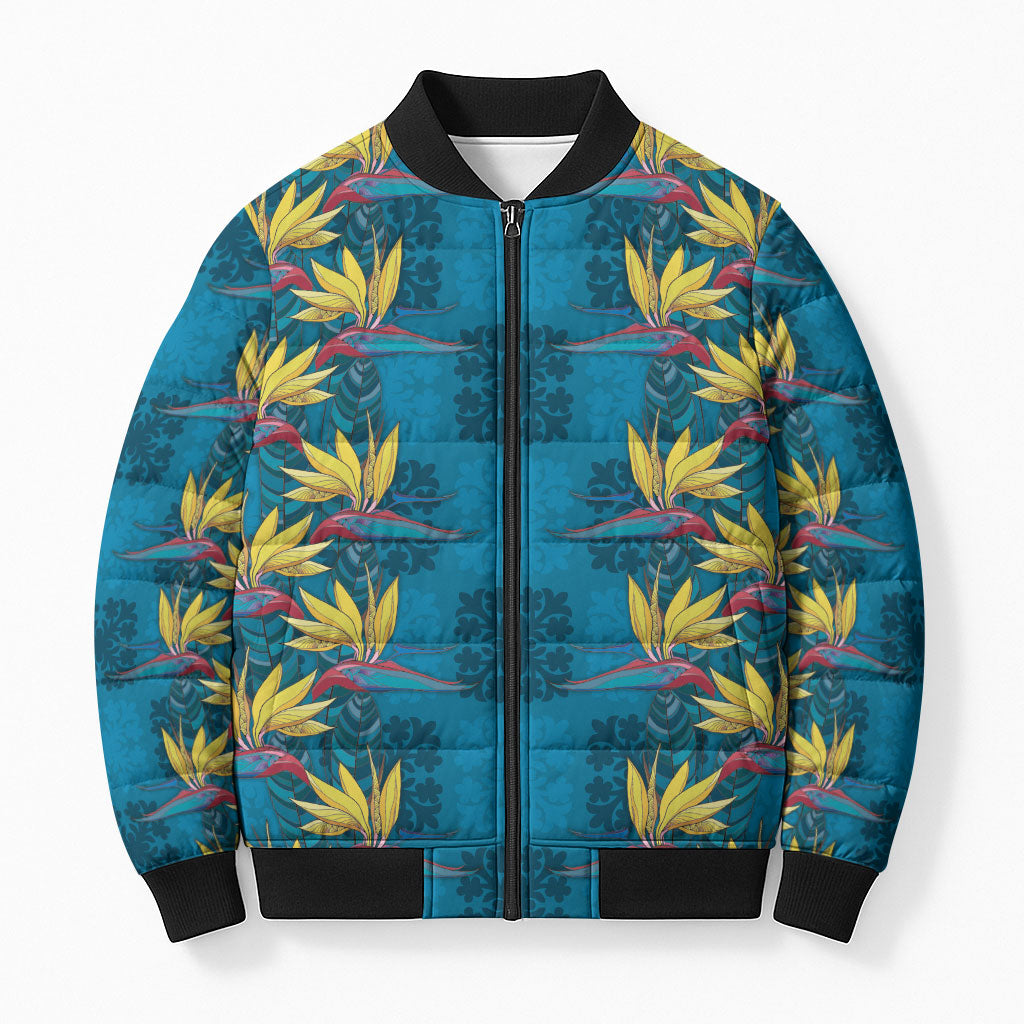Hawaii Waikiki King Bomber Puffer Jacket Blue Quilt With Pua Manu LT05 Unisex Blue - Polynesian Pride