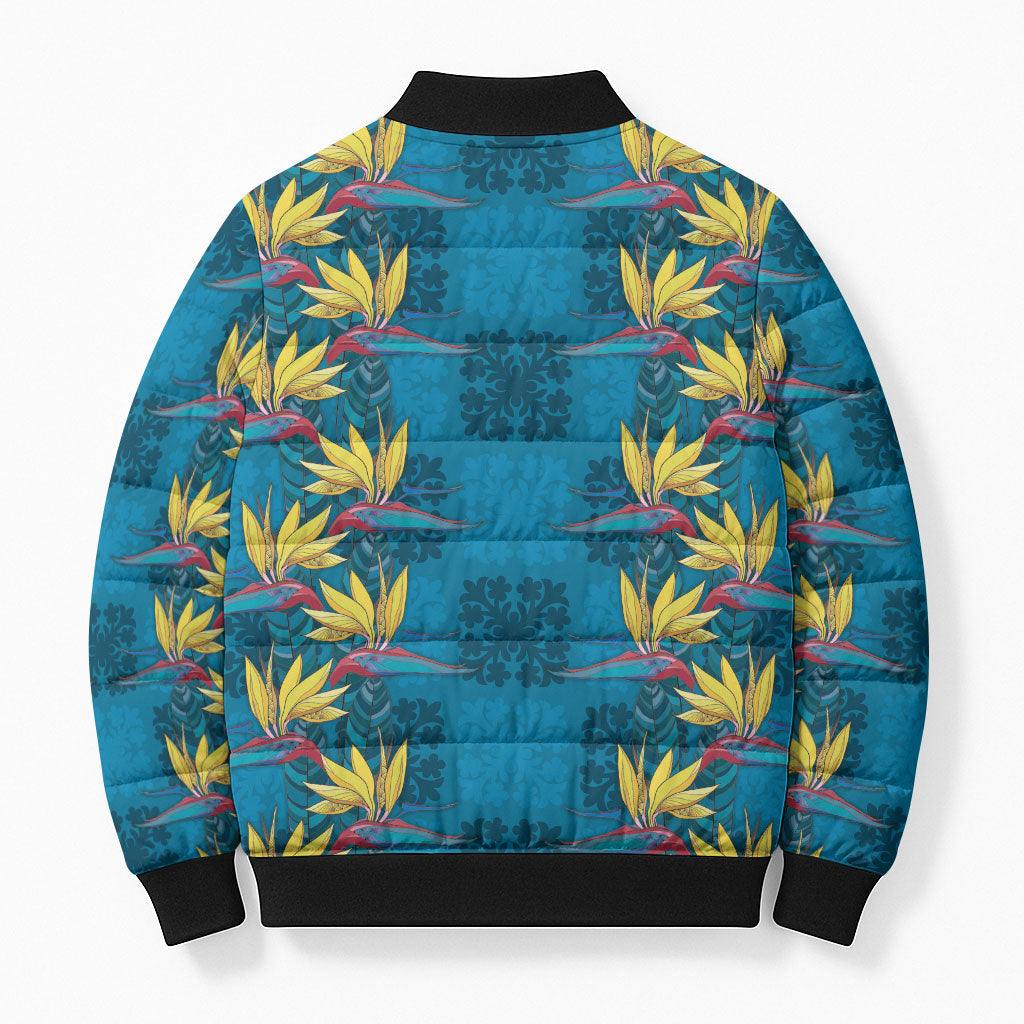 Hawaii Waikiki King Bomber Puffer Jacket Blue Quilt With Pua Manu LT05 - Polynesian Pride