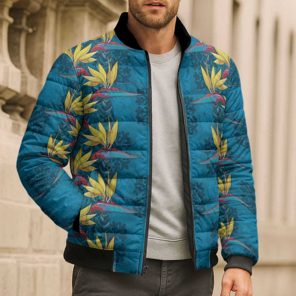 Hawaii Waikiki King Bomber Puffer Jacket Blue Quilt With Pua Manu LT05 - Polynesian Pride