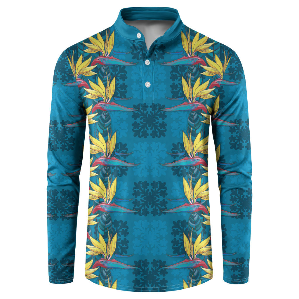 Hawaii Waikiki King Button Sweatshirt Blue Quilt With Pua Manu LT05 Blue - Polynesian Pride
