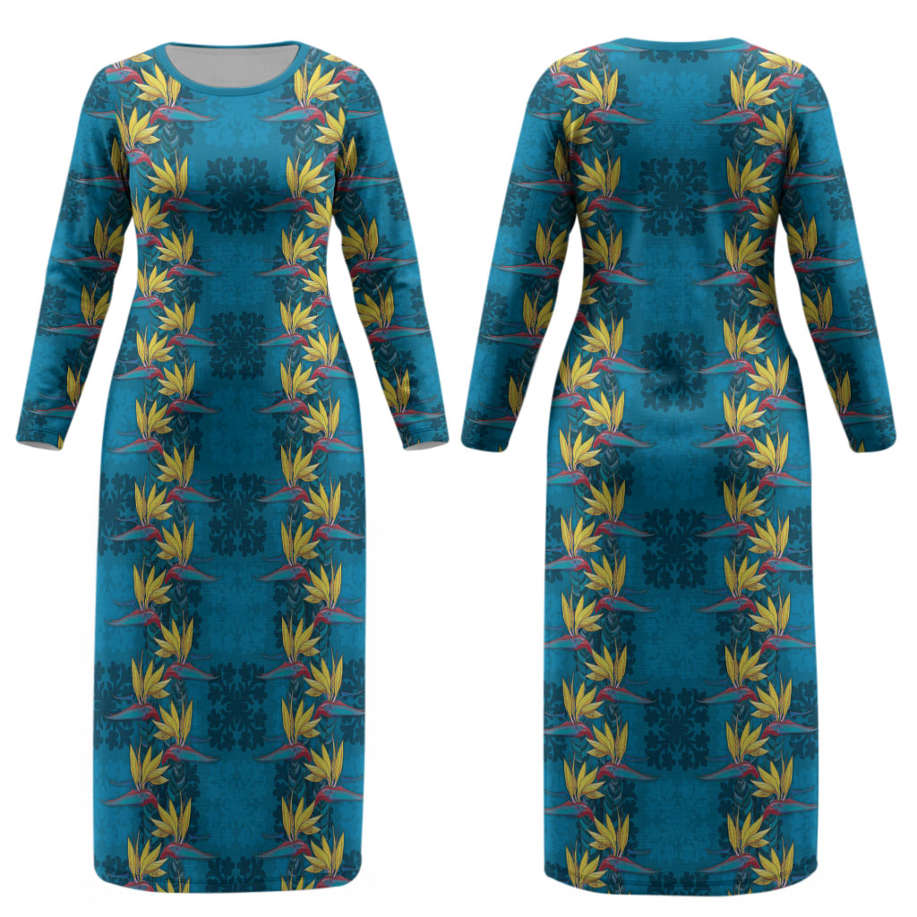 Hawaii Waikiki King Couples Matching Long Sleeve Bodycon Dress and Hawaiian Shirt Blue Quilt With Pua Manu LT05 - Polynesian Pride