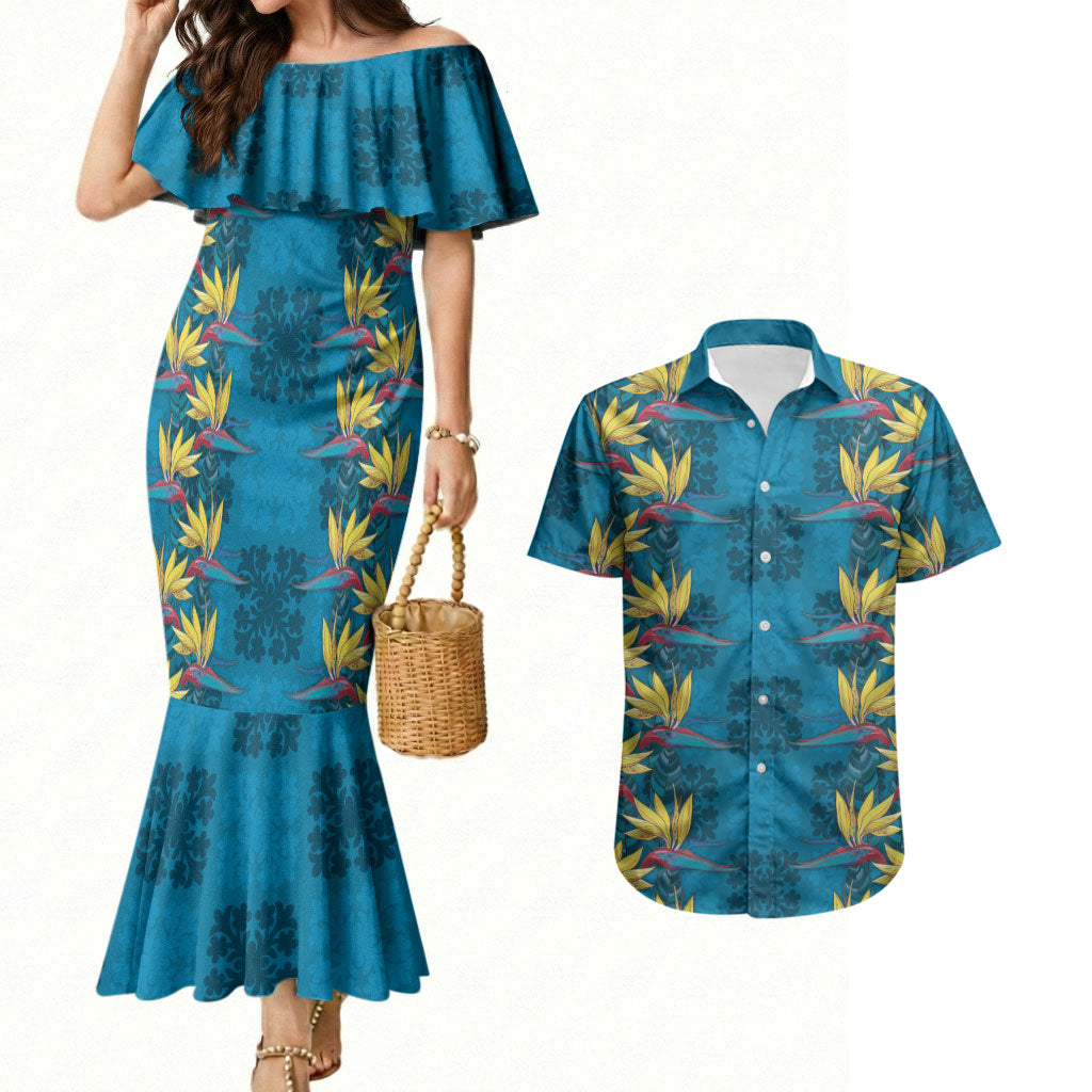 Hawaii Waikiki King Couples Matching Mermaid Dress and Hawaiian Shirt Blue Quilt With Pua Manu LT05 Blue - Polynesian Pride