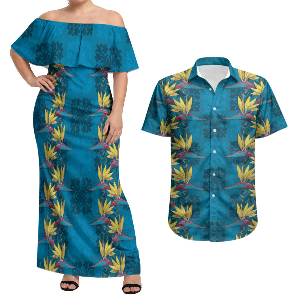 Hawaii Waikiki King Couples Matching Off Shoulder Maxi Dress and Hawaiian Shirt Blue Quilt With Pua Manu LT05 Blue - Polynesian Pride