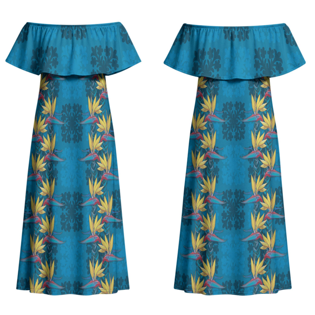 Hawaii Waikiki King Couples Matching Off Shoulder Maxi Dress and Long Sleeve Button Shirt Blue Quilt With Pua Manu LT05 - Polynesian Pride