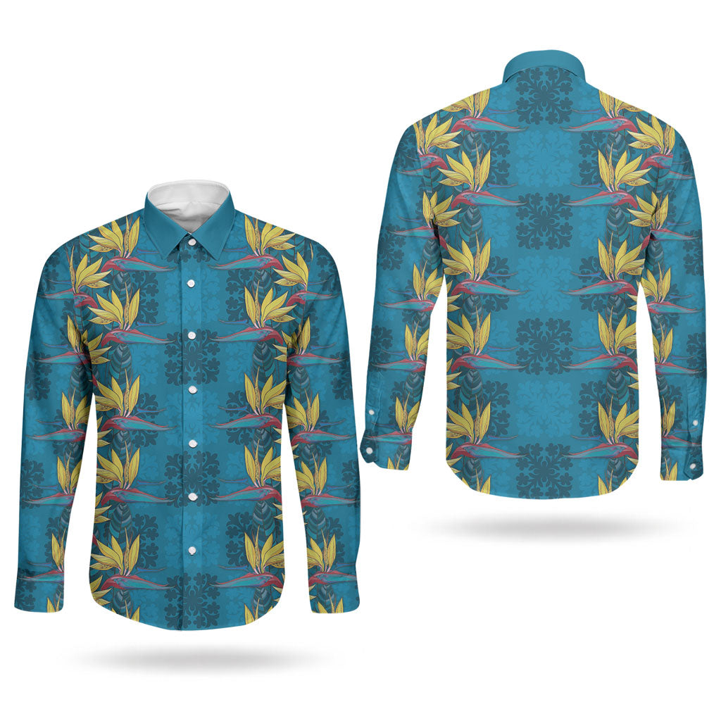 Hawaii Waikiki King Couples Matching Off The Shoulder Long Sleeve Dress and Long Sleeve Button Shirt Blue Quilt With Pua Manu LT05 - Polynesian Pride