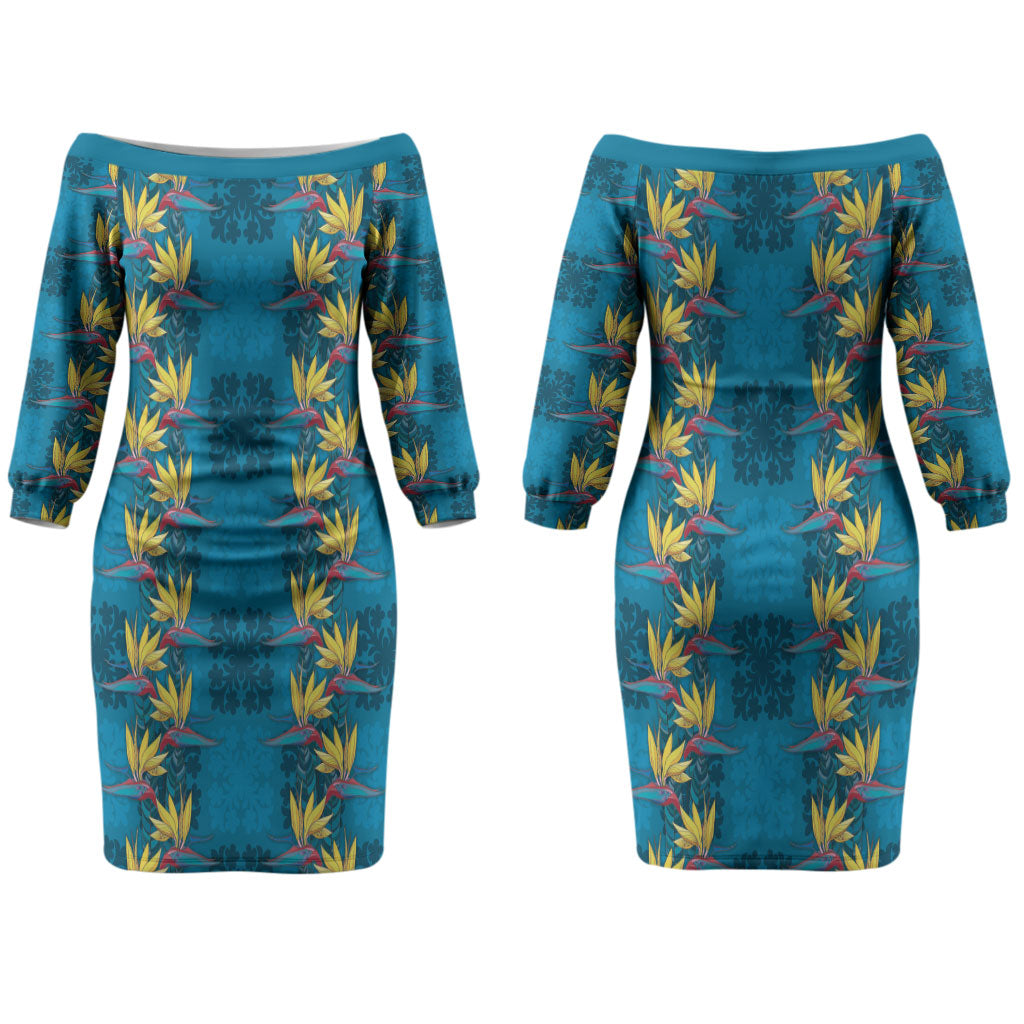 Hawaii Waikiki King Couples Matching Off The Shoulder Long Sleeve Dress and Long Sleeve Button Shirt Blue Quilt With Pua Manu LT05 - Polynesian Pride