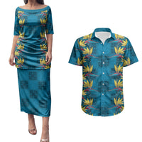 Hawaii Waikiki King Couples Matching Puletasi and Hawaiian Shirt Blue Quilt With Pua Manu LT05 Blue - Polynesian Pride