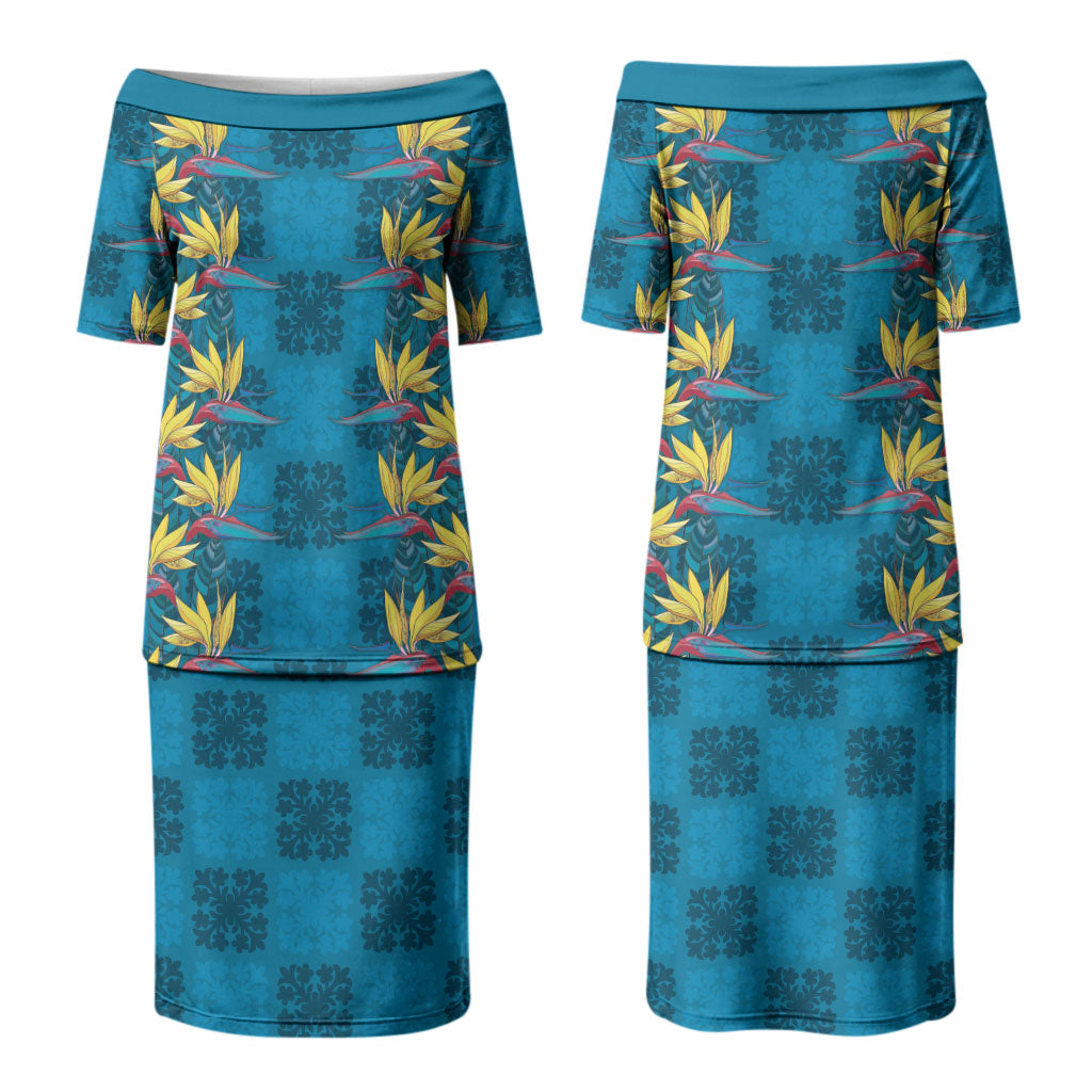 Hawaii Waikiki King Couples Matching Puletasi and Hawaiian Shirt Blue Quilt With Pua Manu LT05 - Polynesian Pride