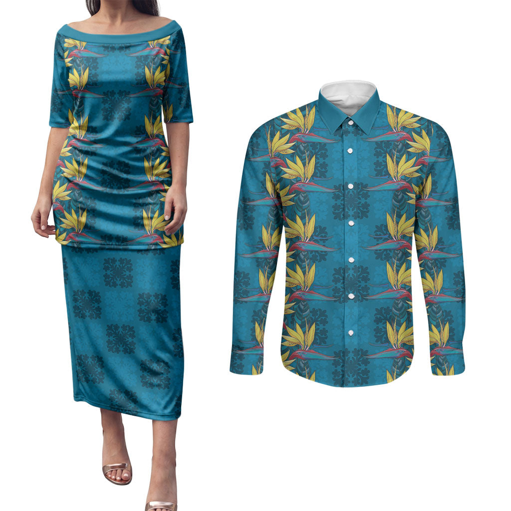 Hawaii Waikiki King Couples Matching Puletasi and Long Sleeve Button Shirt Blue Quilt With Pua Manu LT05 Blue - Polynesian Pride