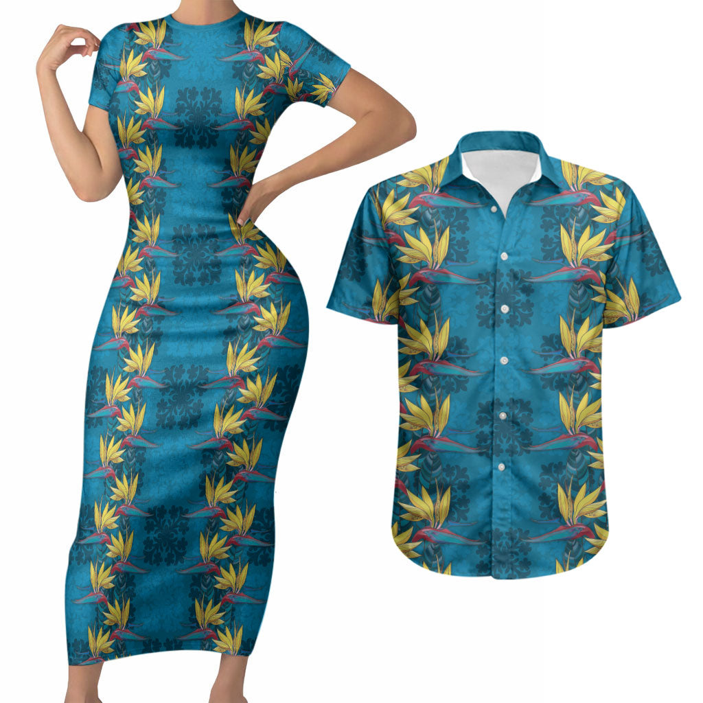 Hawaii Waikiki King Couples Matching Short Sleeve Bodycon Dress and Hawaiian Shirt Blue Quilt With Pua Manu LT05 Blue - Polynesian Pride