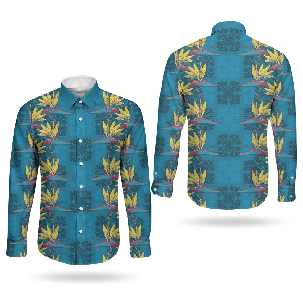 Hawaii Waikiki King Couples Matching Summer Maxi Dress and Long Sleeve Button Shirt Blue Quilt With Pua Manu LT05 - Polynesian Pride