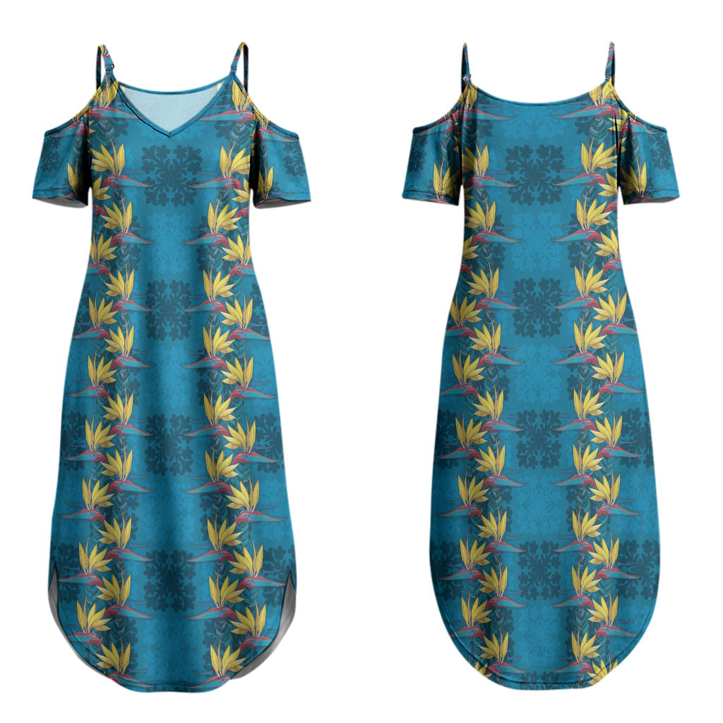 Hawaii Waikiki King Couples Matching Summer Maxi Dress and Long Sleeve Button Shirt Blue Quilt With Pua Manu LT05 - Polynesian Pride