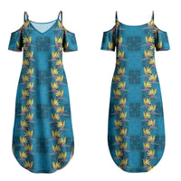 Hawaii Waikiki King Couples Matching Summer Maxi Dress and Long Sleeve Button Shirt Blue Quilt With Pua Manu LT05 - Polynesian Pride