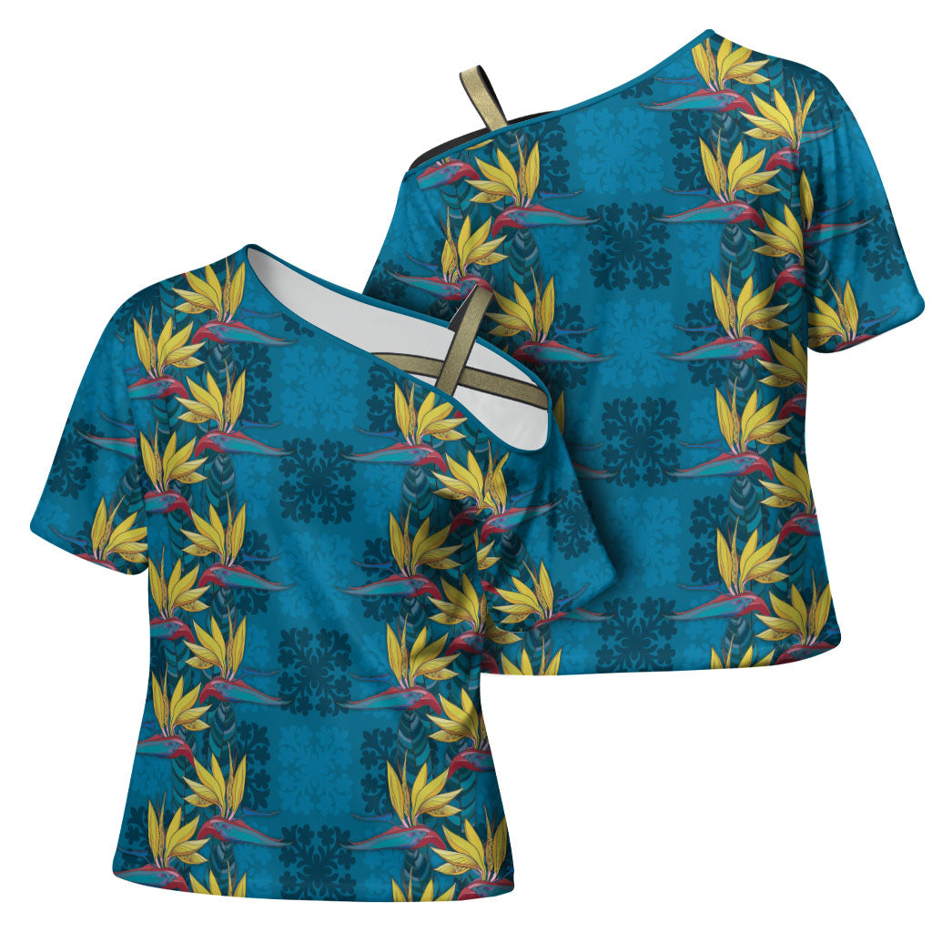 Hawaii Waikiki King Cross Shoulder Shirt Blue Quilt With Pua Manu LT05 - Polynesian Pride