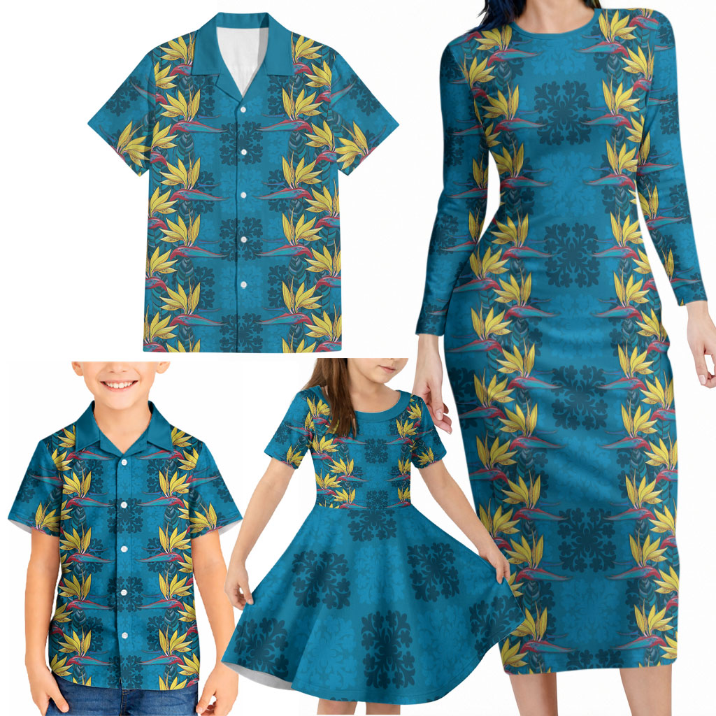 Hawaii Waikiki King Family Matching Long Sleeve Bodycon Dress and Hawaiian Shirt Blue Quilt With Pua Manu LT05 - Polynesian Pride