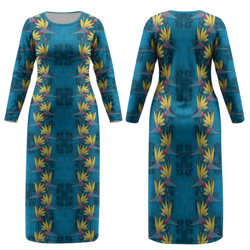 Hawaii Waikiki King Family Matching Long Sleeve Bodycon Dress and Hawaiian Shirt Blue Quilt With Pua Manu LT05 Mom's Dress Blue - Polynesian Pride