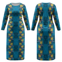 Hawaii Waikiki King Family Matching Long Sleeve Bodycon Dress and Hawaiian Shirt Blue Quilt With Pua Manu LT05 Mom's Dress Blue - Polynesian Pride
