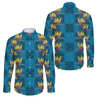 Hawaii Waikiki King Family Matching Long Sleeve Bodycon Dress and Hawaiian Shirt Blue Quilt With Pua Manu LT05 Dad's Shirt - Long Sleeve Blue - Polynesian Pride