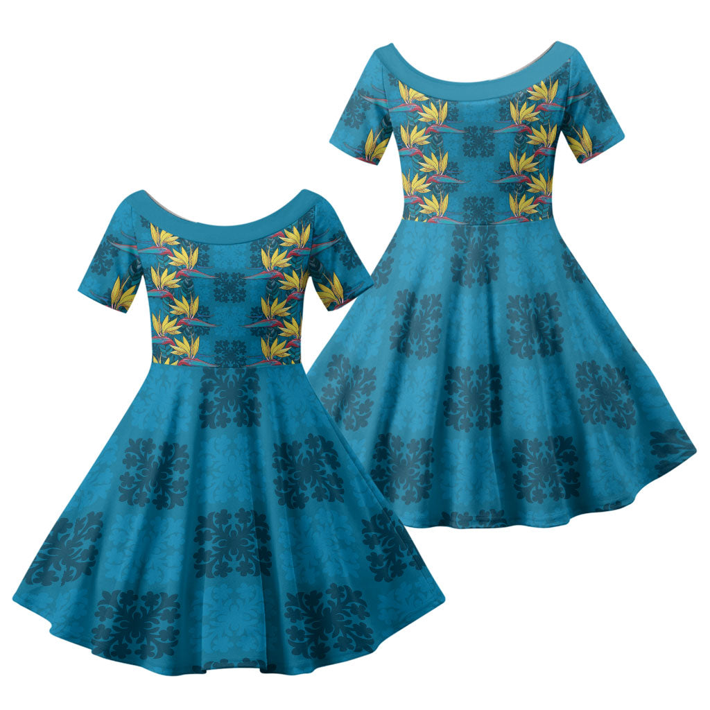 Hawaii Waikiki King Family Matching Long Sleeve Bodycon Dress and Hawaiian Shirt Blue Quilt With Pua Manu LT05 Daughter's Dress Blue - Polynesian Pride