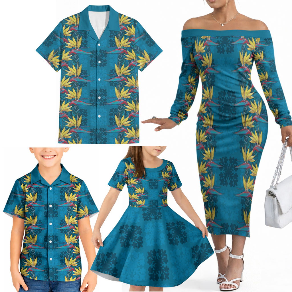 Hawaii Waikiki King Family Matching Off The Shoulder Long Sleeve Dress and Hawaiian Shirt Blue Quilt With Pua Manu LT05 - Polynesian Pride