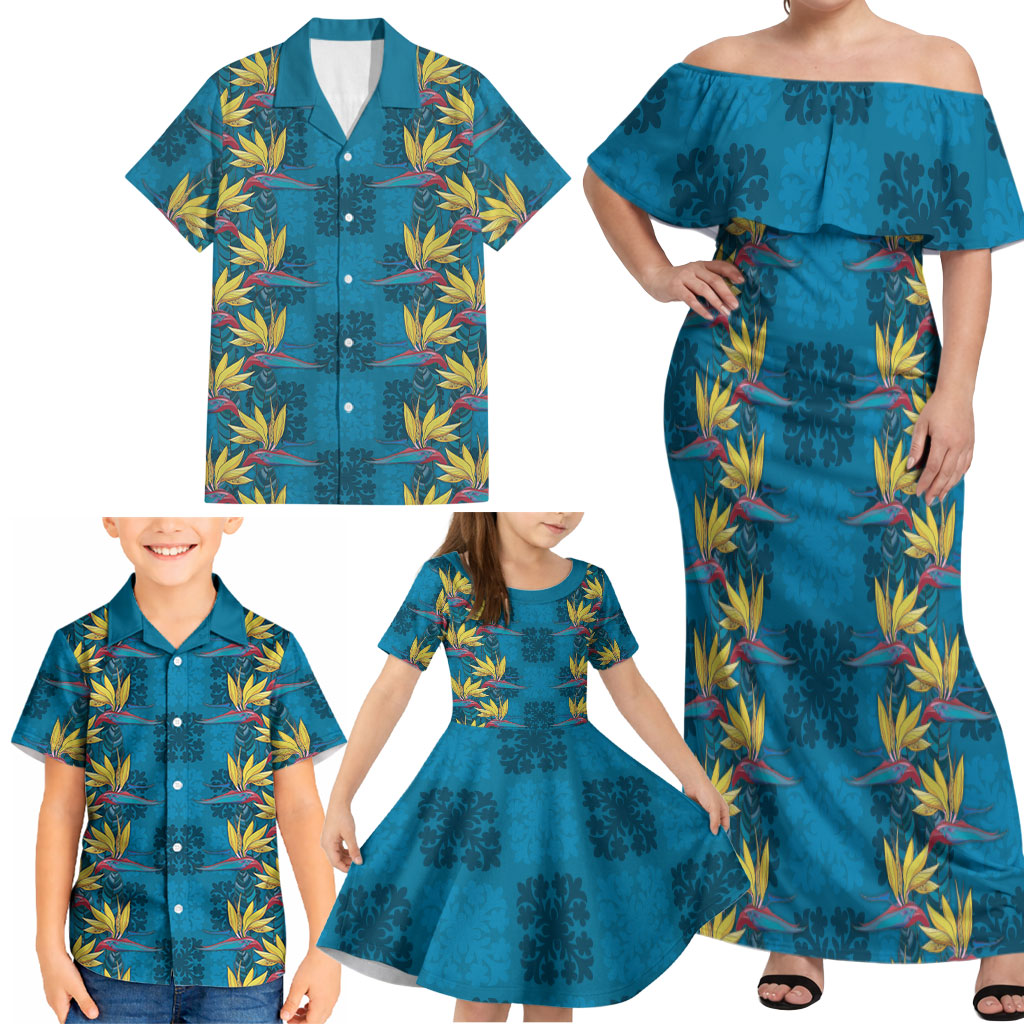 Hawaii Waikiki King Family Matching Off Shoulder Maxi Dress and Hawaiian Shirt Blue Quilt With Pua Manu LT05 - Polynesian Pride