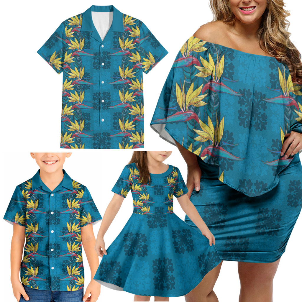 Hawaii Waikiki King Family Matching Off Shoulder Short Dress and Hawaiian Shirt Blue Quilt With Pua Manu LT05 - Polynesian Pride