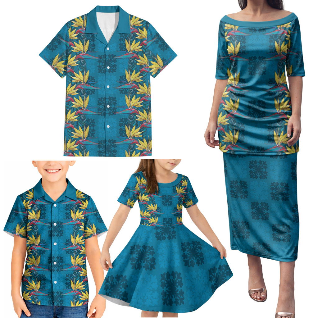 Hawaii Waikiki King Family Matching Puletasi and Hawaiian Shirt Blue Quilt With Pua Manu LT05 - Polynesian Pride