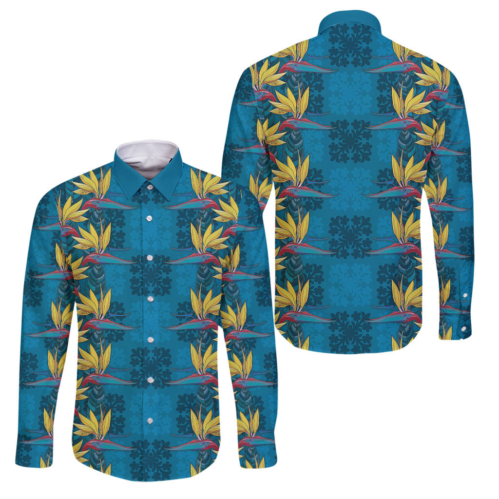 Hawaii Waikiki King Family Matching Puletasi and Hawaiian Shirt Blue Quilt With Pua Manu LT05 Dad's Shirt - Long Sleeve Blue - Polynesian Pride