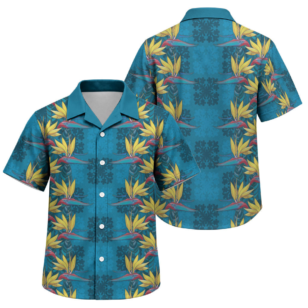 Hawaii Waikiki King Family Matching Puletasi and Hawaiian Shirt Blue Quilt With Pua Manu LT05 Son's Shirt Blue - Polynesian Pride
