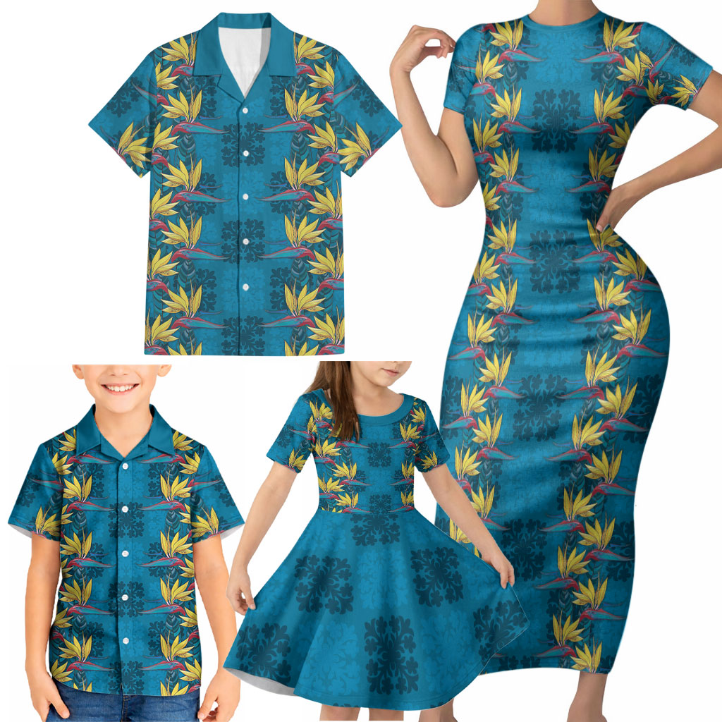 Hawaii Waikiki King Family Matching Short Sleeve Bodycon Dress and Hawaiian Shirt Blue Quilt With Pua Manu LT05 - Polynesian Pride