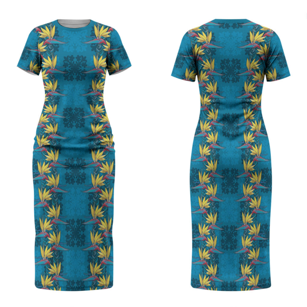 Hawaii Waikiki King Family Matching Short Sleeve Bodycon Dress and Hawaiian Shirt Blue Quilt With Pua Manu LT05 Mom's Dress Blue - Polynesian Pride