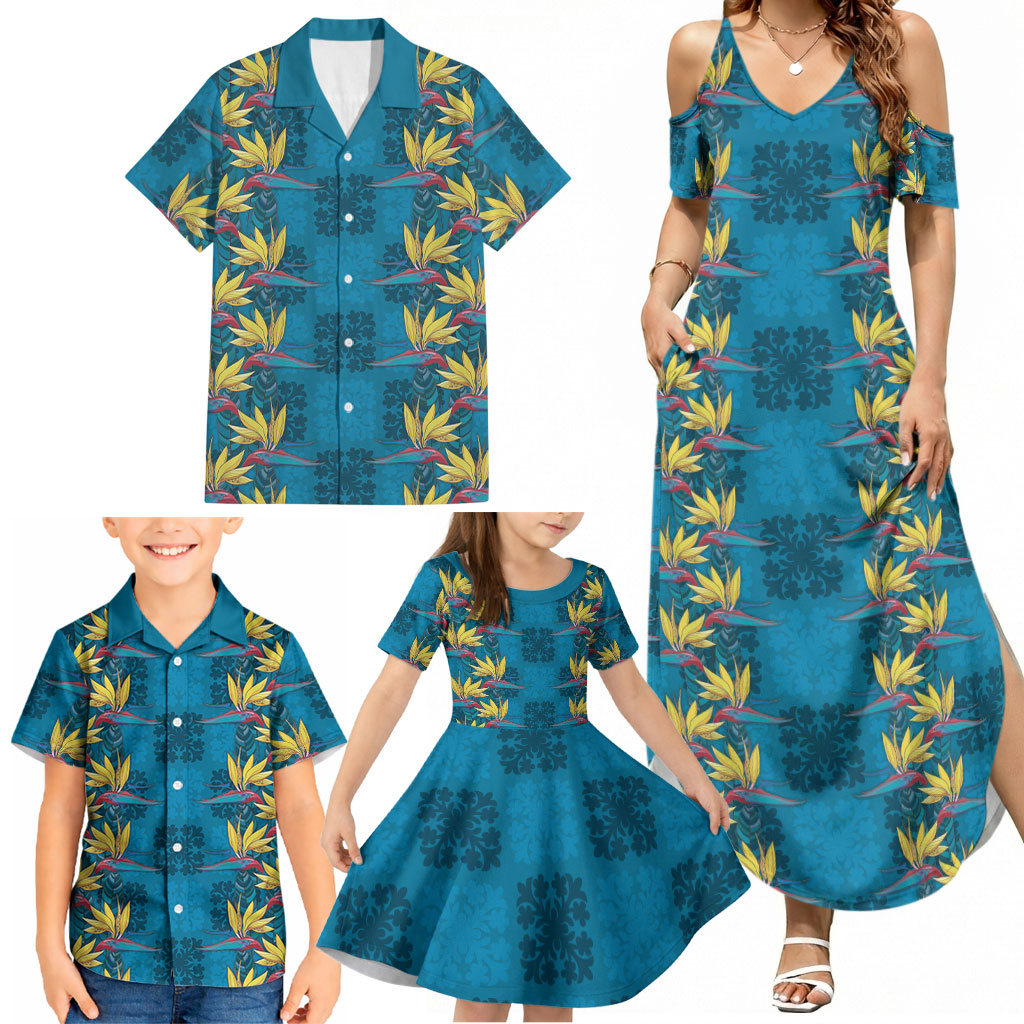 Hawaii Waikiki King Family Matching Summer Maxi Dress and Hawaiian Shirt Blue Quilt With Pua Manu LT05 - Polynesian Pride