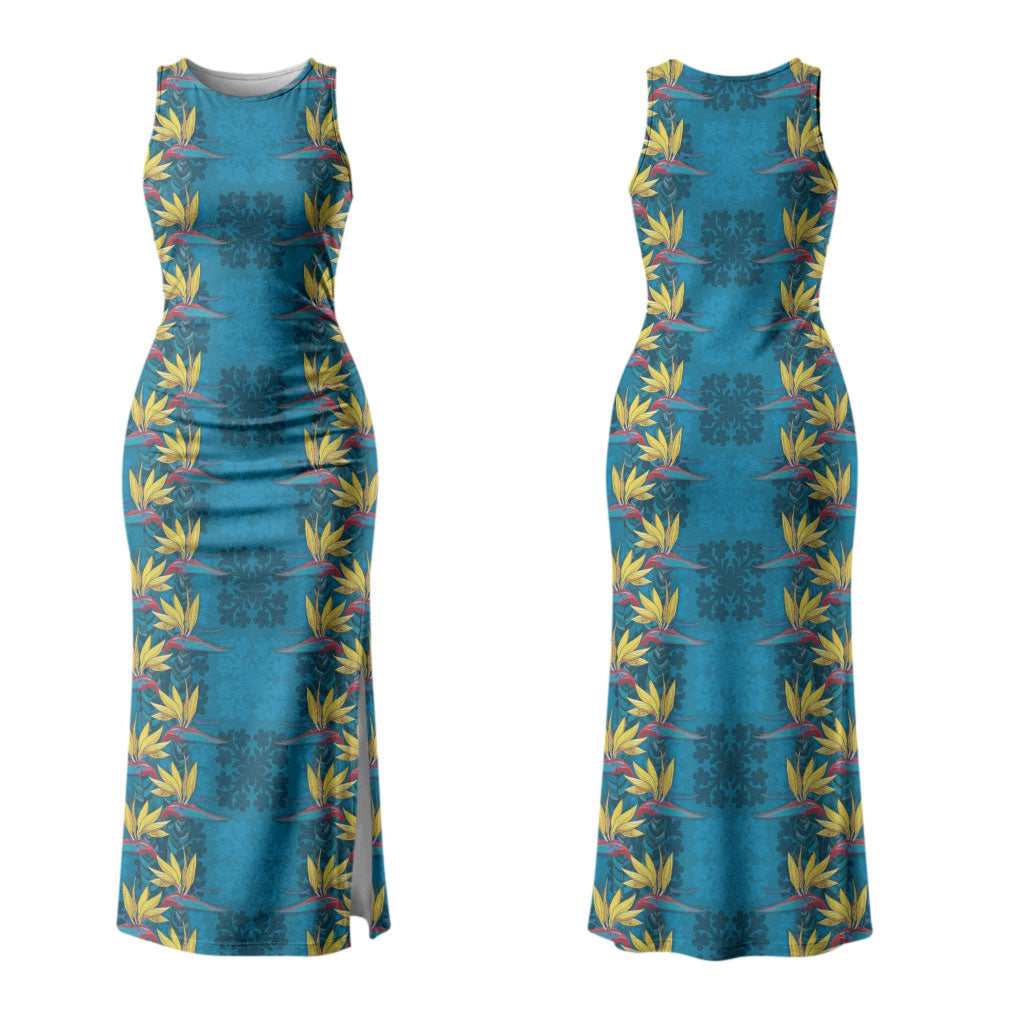 Hawaii Waikiki King Family Matching Tank Maxi Dress and Hawaiian Shirt Blue Quilt With Pua Manu LT05 Mom's Dress Blue - Polynesian Pride