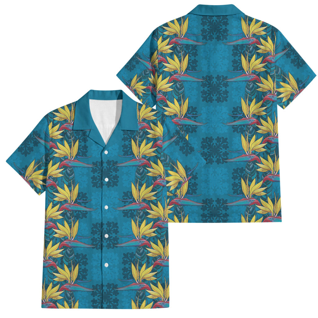Hawaii Waikiki King Family Matching Tank Maxi Dress and Hawaiian Shirt Blue Quilt With Pua Manu LT05 Dad's Shirt - Short Sleeve Blue - Polynesian Pride