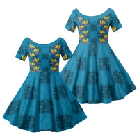 Hawaii Waikiki King Family Matching Tank Maxi Dress and Hawaiian Shirt Blue Quilt With Pua Manu LT05 Daughter's Dress Blue - Polynesian Pride