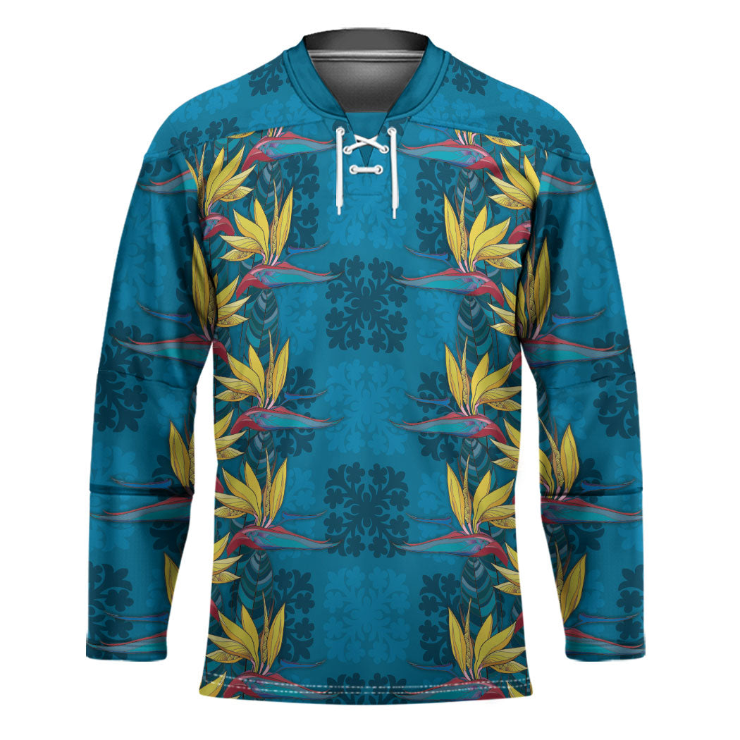 Hawaii Waikiki King Hockey Jersey Blue Quilt With Pua Manu LT05 Unisex Blue - Polynesian Pride