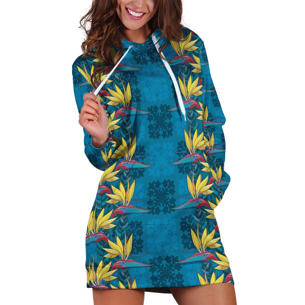 Hawaii Waikiki King Hoodie Dress Blue Quilt With Pua Manu LT05 Blue - Polynesian Pride