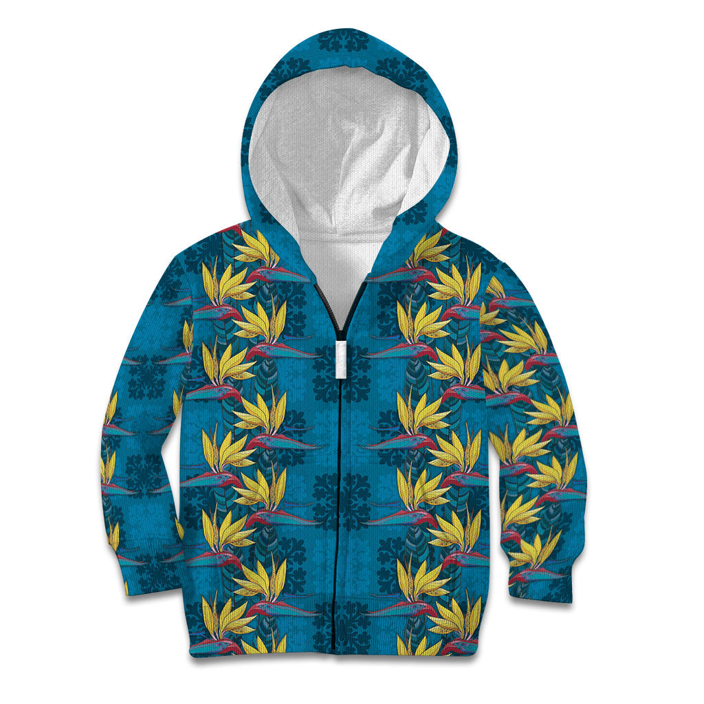 Hawaii Waikiki King Kid Hoodie Blue Quilt With Pua Manu LT05 Zip Hoodie Blue - Polynesian Pride