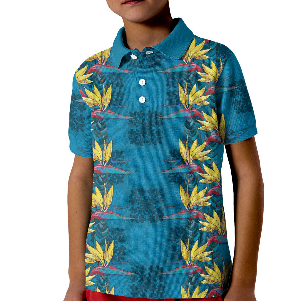 Hawaii Waikiki King Kid Polo Shirt Blue Quilt With Pua Manu LT05 Kid Blue - Polynesian Pride