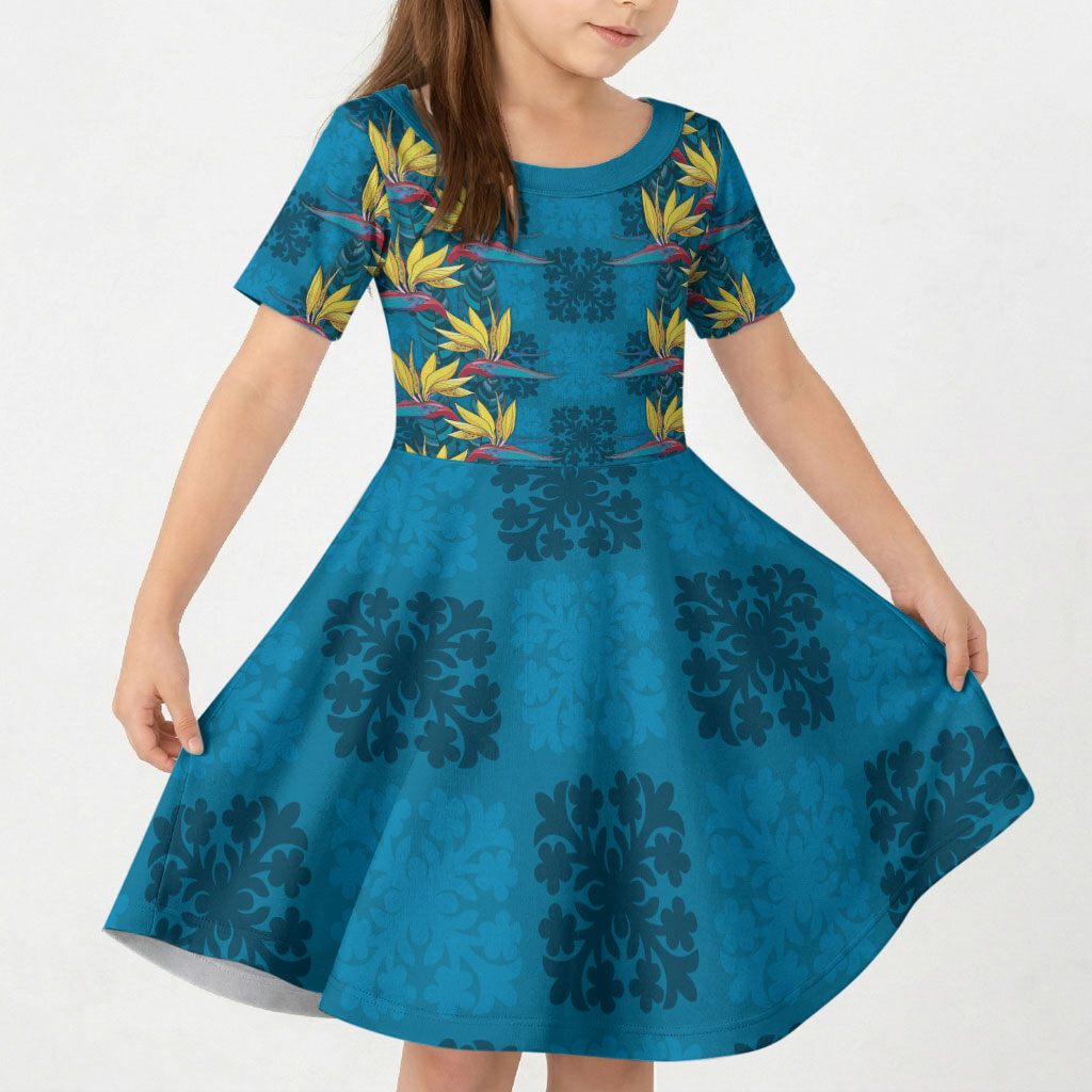 Hawaii Waikiki King Kid Short Sleeve Dress Blue Quilt With Pua Manu LT05 KID Blue - Polynesian Pride