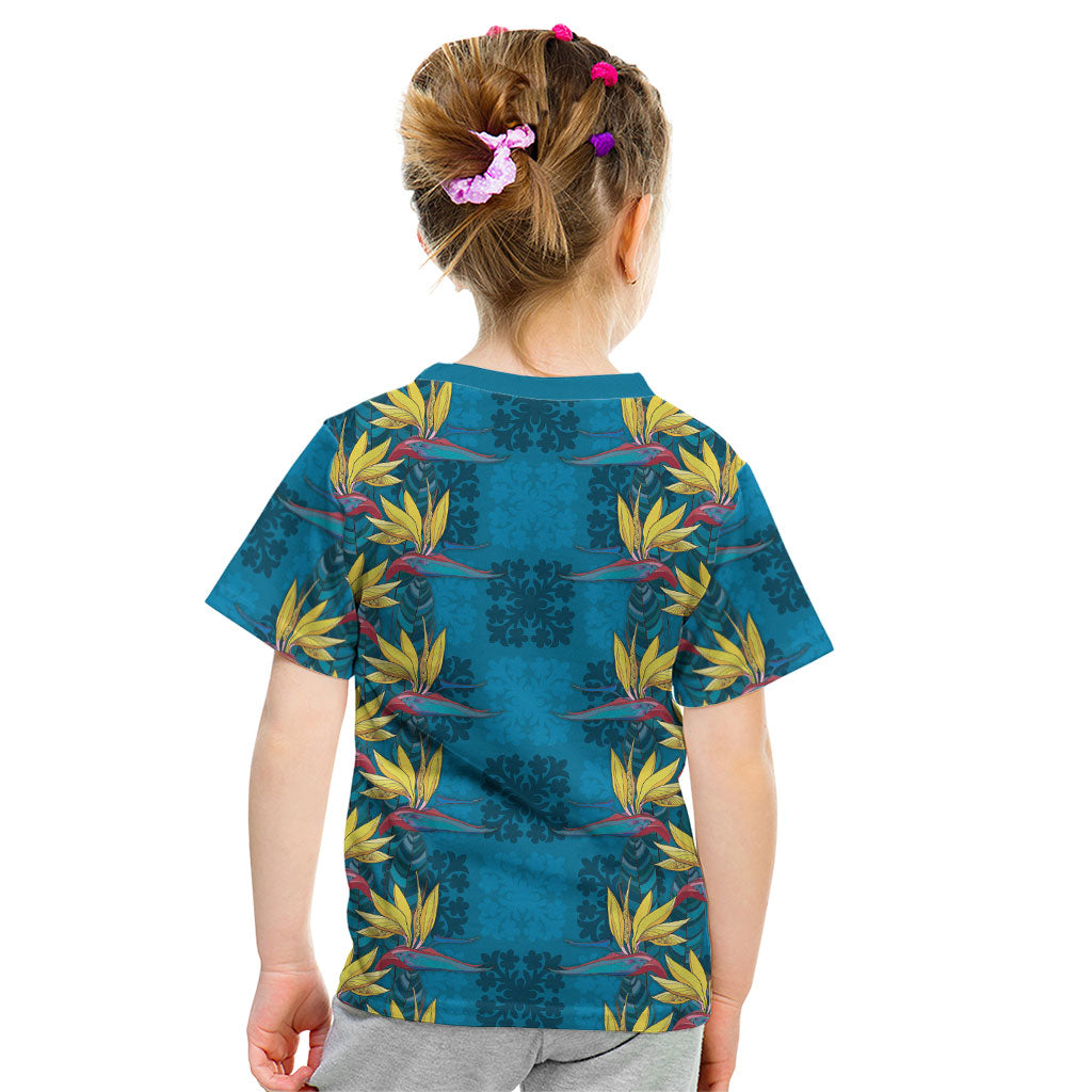 Hawaii Waikiki King Kid T Shirt Blue Quilt With Pua Manu LT05 - Polynesian Pride