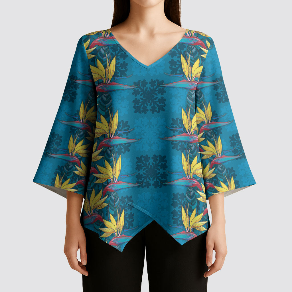 Hawaii Waikiki King Kimono Sleeve Blouse Blue Quilt With Pua Manu LT05 - Polynesian Pride
