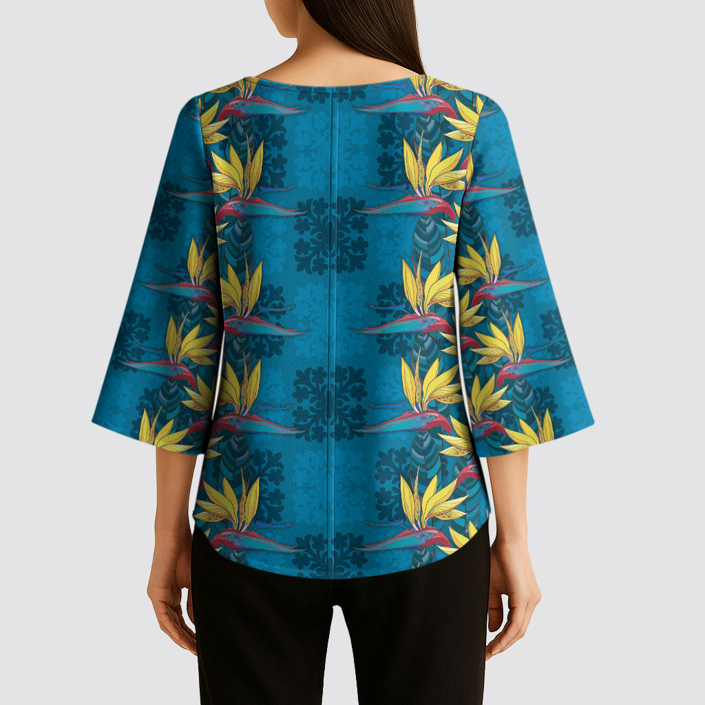 Hawaii Waikiki King Kimono Sleeve Blouse Blue Quilt With Pua Manu LT05 - Polynesian Pride