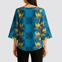 Hawaii Waikiki King Kimono Sleeve Blouse Blue Quilt With Pua Manu LT05 - Polynesian Pride