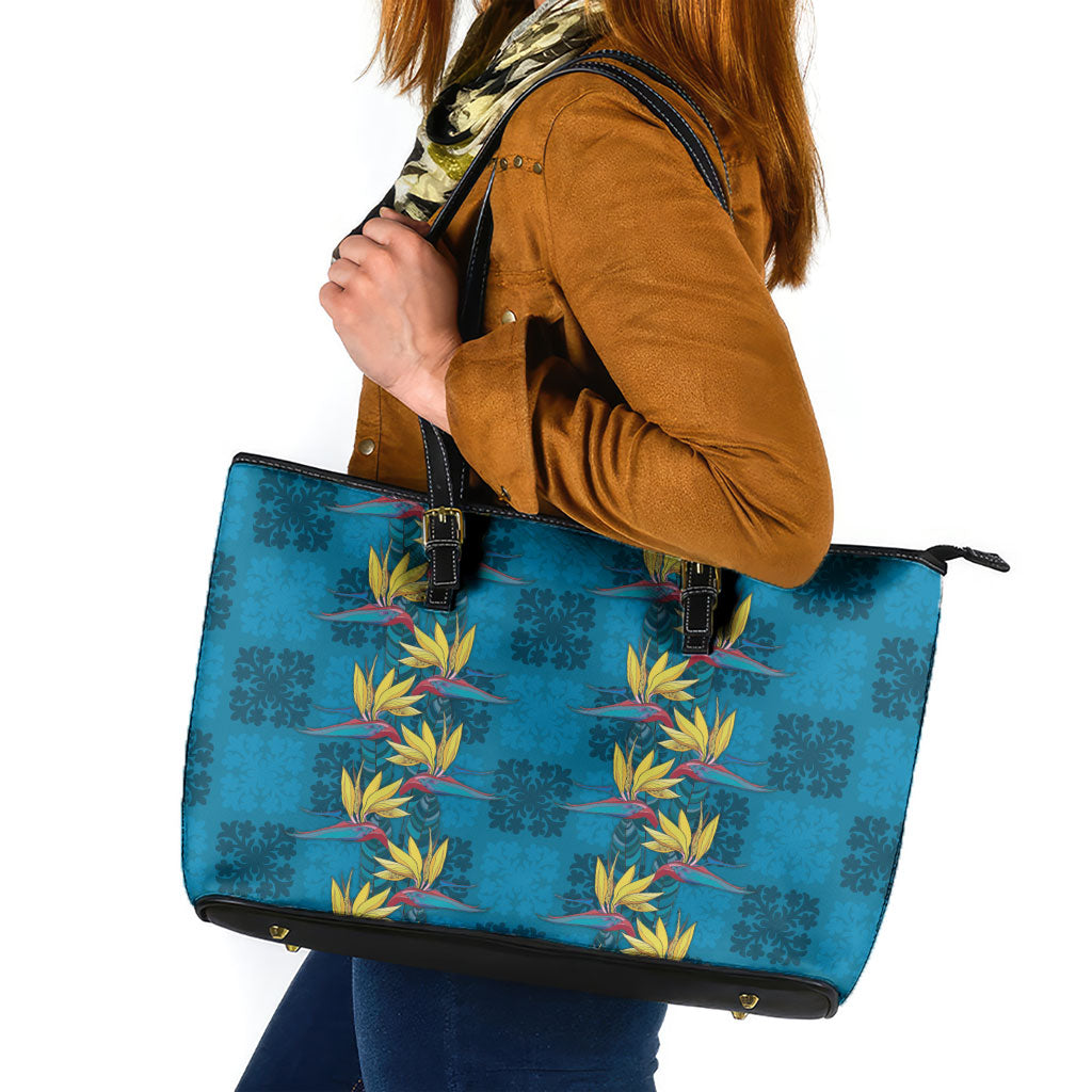 Hawaii Waikiki King Leather Tote Bag Blue Quilt With Pua Manu LT05 Blue - Polynesian Pride
