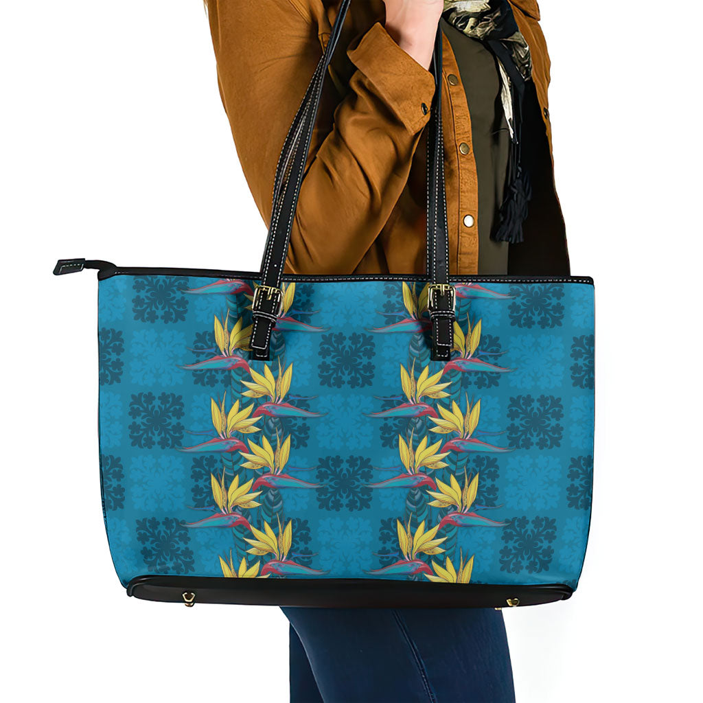 Hawaii Waikiki King Leather Tote Bag Blue Quilt With Pua Manu LT05 - Polynesian Pride