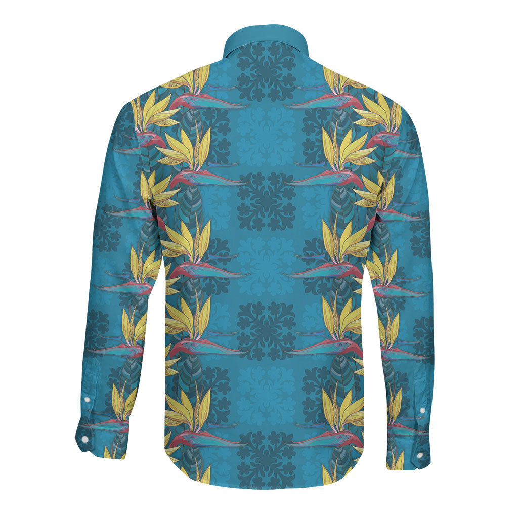 Hawaii Waikiki King Long Sleeve Button Shirt Blue Quilt With Pua Manu LT05 - Polynesian Pride