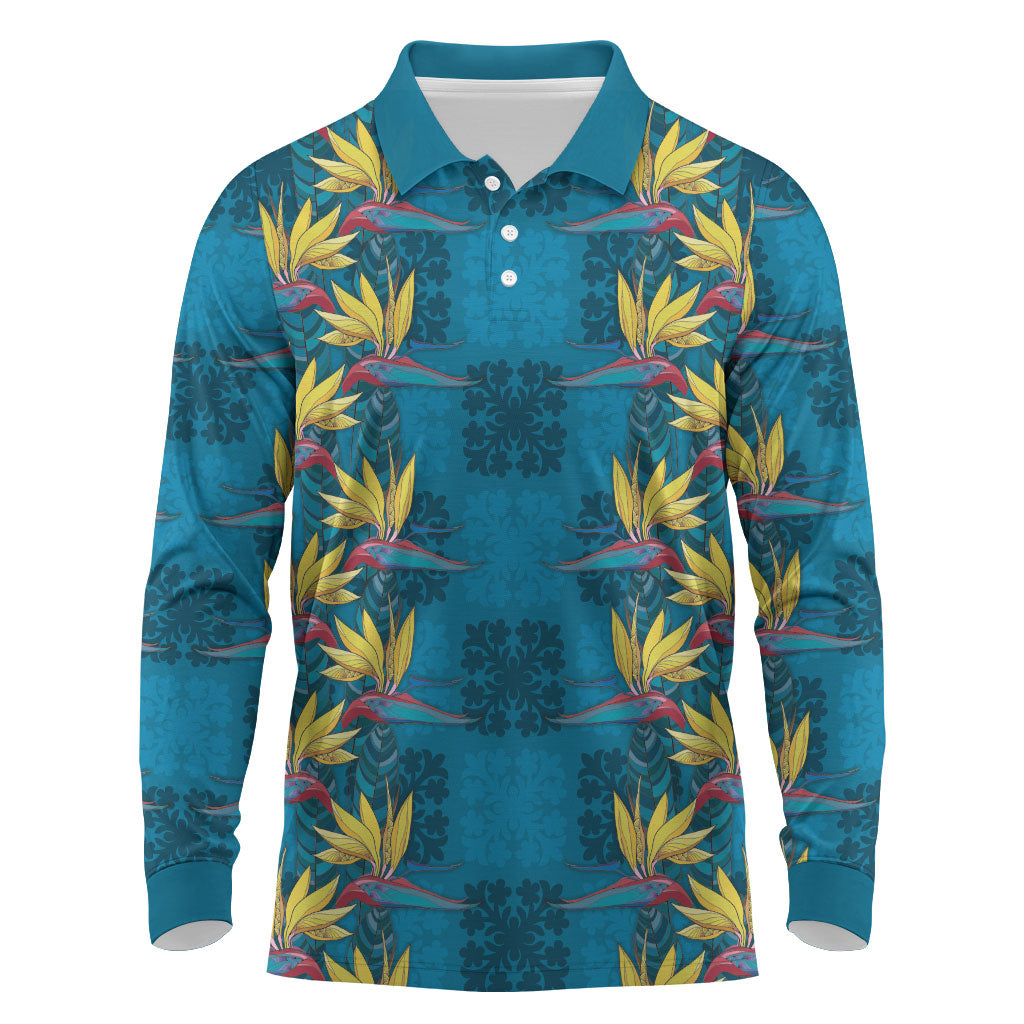 Hawaii Waikiki King Long Sleeve Polo Shirt Blue Quilt With Pua Manu LT05 Blue - Polynesian Pride